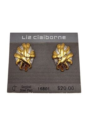 NWT Vintage Liz Claiborne Two Tone Gold Silver Criss Cross Oval Stud Earrings